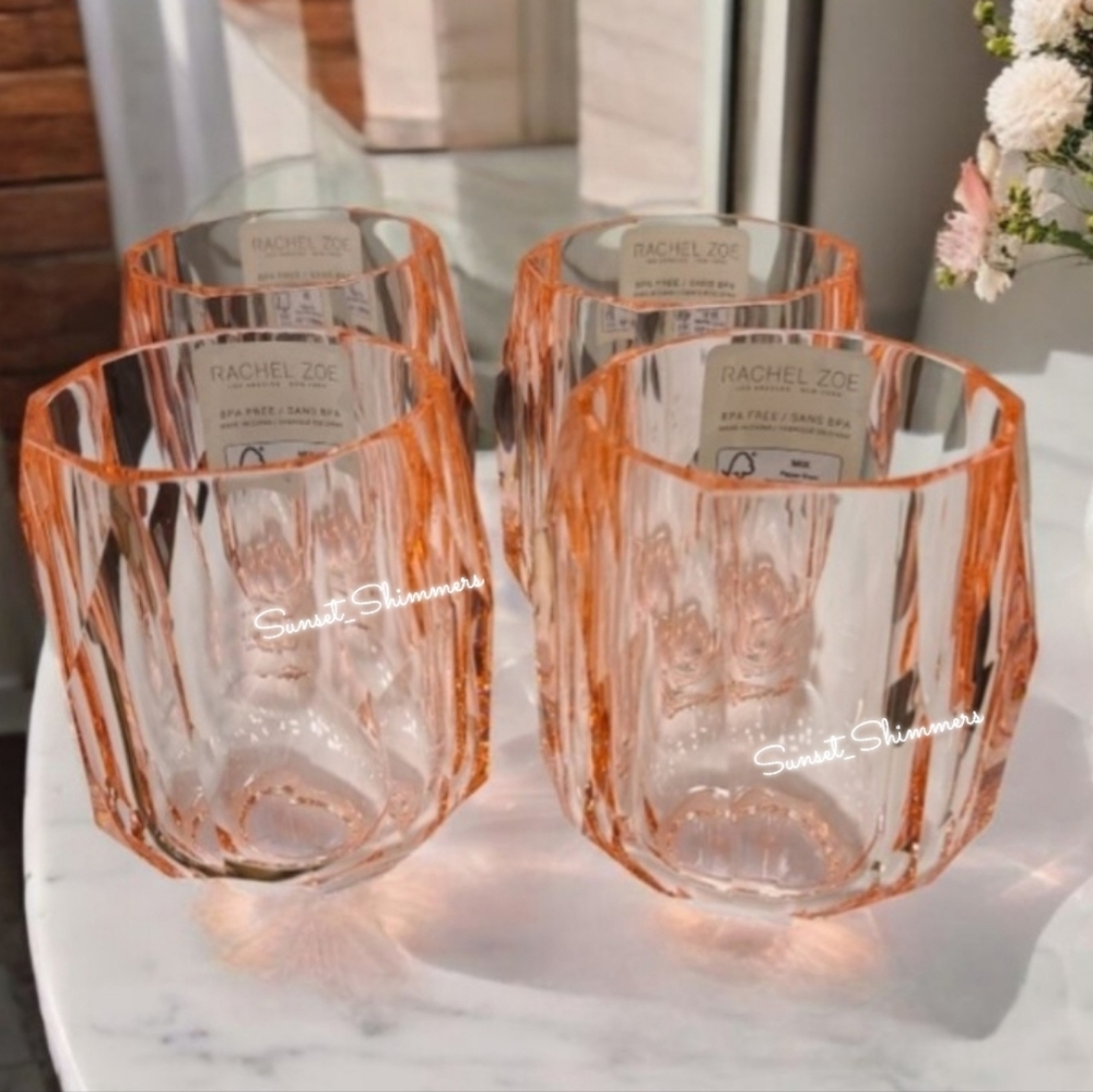 RACHEL ZOE 4pc set Peach Colored Acrylic Crystal Tumbler Cup Drink Glasses NEW - Picture 3 of 3